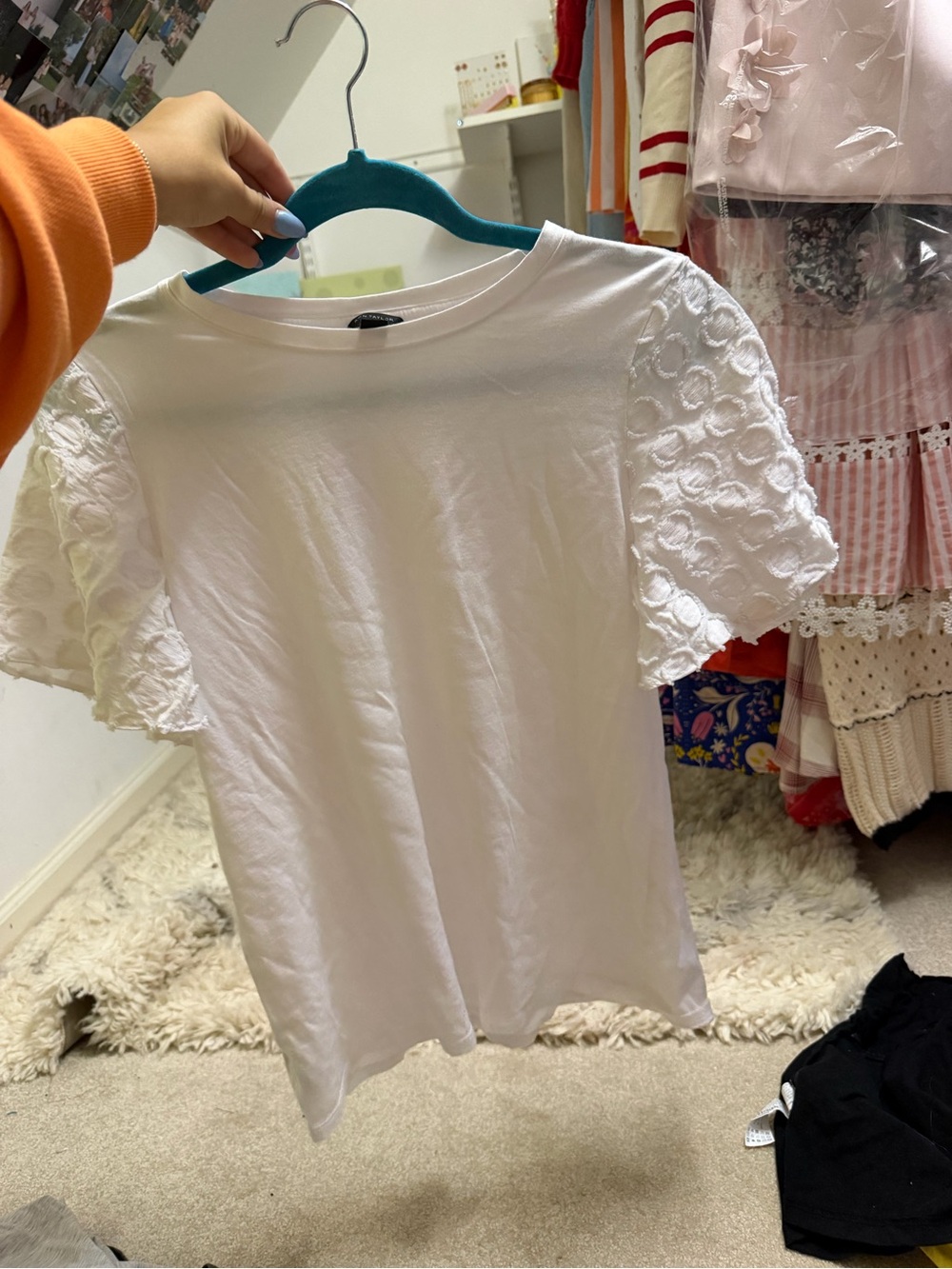 Ann Taylor White Tee with Lace Short Sleeves